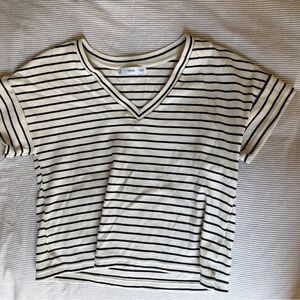 Mango Cream & Black Striped V-Neck Tee